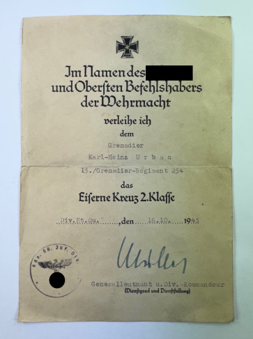 Urkunde Eisernes Kreuz 2. Klasse 1939, Grenadier-Regiment 234 - Militaria-Berlin