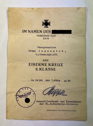 Urkunde Eisernes Kreuz 2. Klasse 1939, Grenadier Regiment 161 - Militaria-Berlin