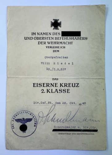 Urkunde Eisernes Kreuz 2. Klasse 1939, Grenadier Regiment 537 - Militaria-Berlin
