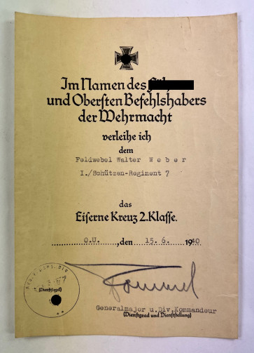 Urkunde Eisernes Kreuz 2. Klasse 1939, original Unterschrift Erwin Rommel, Gespenster - Division - Militaria-Berlin