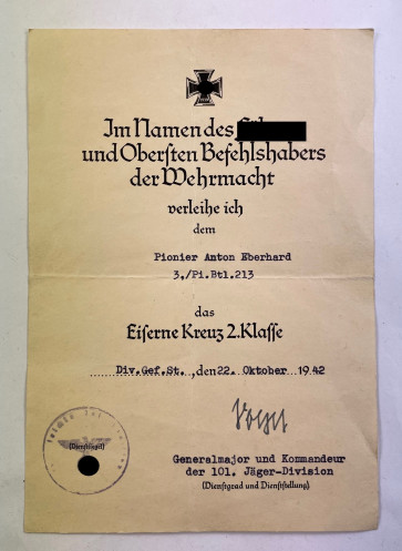 Urkunde Eisernes Kreuz 2. Klasse 1939, Pionier - Militaria-Berlin