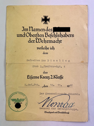 Urkunde Eisernes Kreuz 2. Klasse 1939, Radfahrer-Regiment 4 - Militaria-Berlin