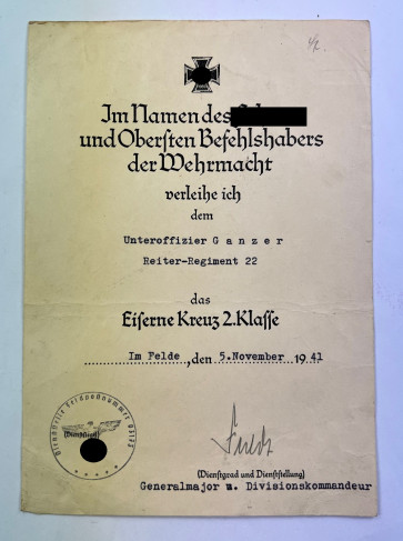 Urkunde Eisernes Kreuz 2. Klasse 1939, Reiter-Regiment 22 - Militaria-Berlin