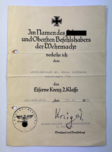 Urkunde Eisernes Kreuz 2. Klasse 1939, Schützenregiment 113 (1. Panzerdivision) - Militaria-Berlin