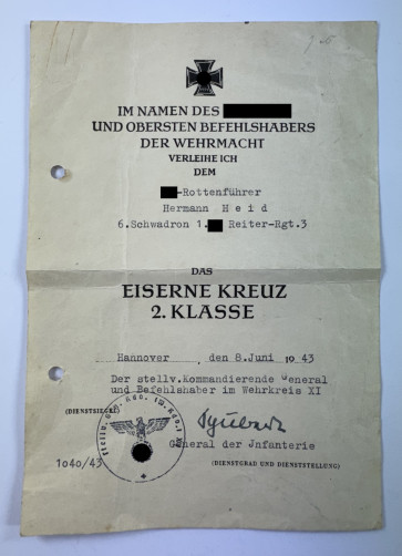 Urkunde Eisernes Kreuz 2. Klasse 1939, SS reiter Regiment 3 - Militaria-Berlin