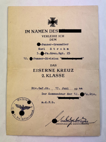 Urkunde Eisernes Kreuz 2. Klasse 1939, Waffen SS, 12. SS-Panzer-Division "Hitlerjugend", o.U. Kurt Meyer (Panzermeyer) - Militaria-Berlin