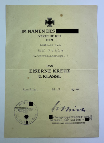 Urkunde Eisernes Kreuz 2. Klasse 1939, Werfer-Lehr-Regiment 1, Normandie (!), II. SS Panzerkops - Militaria-Berlin