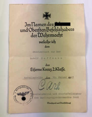 Urkunde Eisernes Kreuz 2. Klasse, U-Boot - Militaria-Berlin