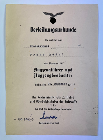 Urkunde Flugzeugführer und Flugzeugbeobachter (Doppelabzeichen) - Militaria-Berlin