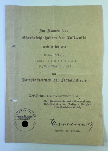 Urkunde, Kampfabzeichen der Flakartillerie - Militaria-Berlin
