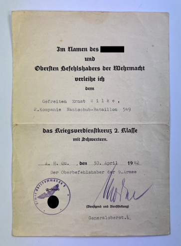 Urkunde Kriegsverdienstkreuz 2. Kl. mit Schwertern, original Unterschrift Generalfeldmarschall Walter Model - Militaria-Berlin