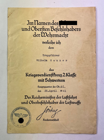 Urkunde Kriegsverdienstkreuz 2. Klasse m. Schwertern, Oberbefehlshaber der Luftwaffe - Militaria-Berlin