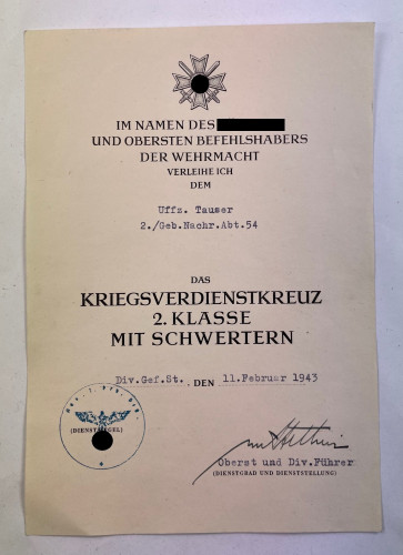 Urkunde Kriegsverdienstkreuz 2. Klasse mit Schwerter, Gebirgs Nachrichten Abteilung 54 - Militaria-Berlin