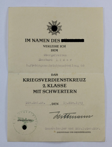 Urkunde Kriegsverdienstkreuz 2. Klasse mit Schwertern, Gebirgsjäger - Militaria-Berlin