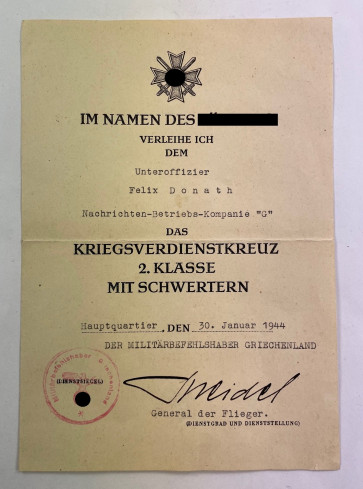 Urkunde Kriegsverdienstkreuz 2. Klasse mit Schwertern, Griechland - Militaria-Berlin