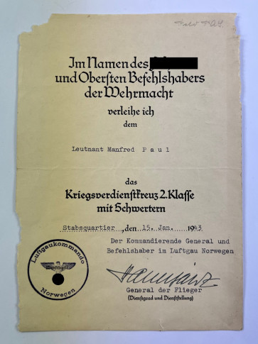 Urkunde Kriegsverdienstkreuz 2. Klasse mit Schwertern, Luftgaukommando Norwegen - Militaria-Berlin