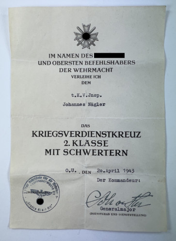 Urkunde Kriegsverdienstkreuz 2. Klasse mit Schwerzern - Militaria-Berlin