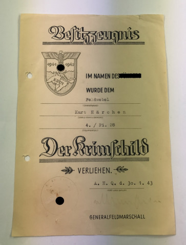 Urkunde Krimschild - Militaria-Berlin