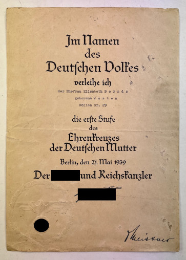 Urkunde Mutterkreuz in Gold (1. Stufe) - Militaria-Berlin