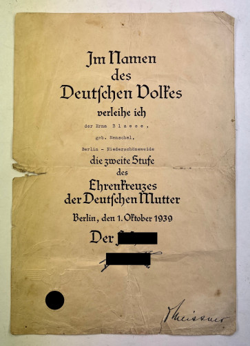 Urkunde Mutterkreuz in Silber (2. Stufe) - Militaria-Berlin