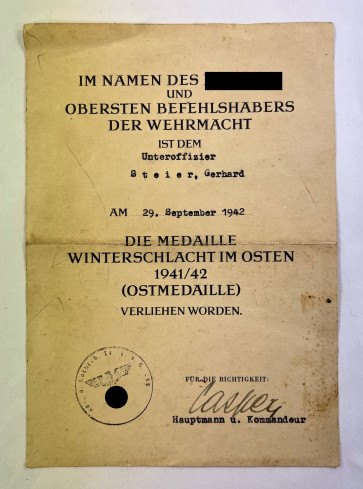Urkunde Ostmedaille - Militaria-Berlin