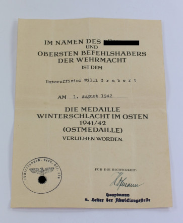 Urkunde Ostmedaille Abwicklungsstelle - Militaria-Berlin