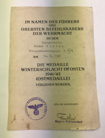 Urkunde Ostmedaille, Fliegerhorstkompanie - Militaria-Berlin
