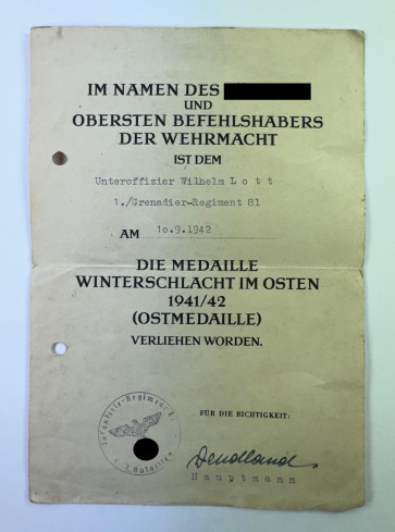 Urkunde Ostmedaille Grenadier-Regiment 81 (Medaille Winterschlacht im Osten 1941/42) - Militaria-Berlin