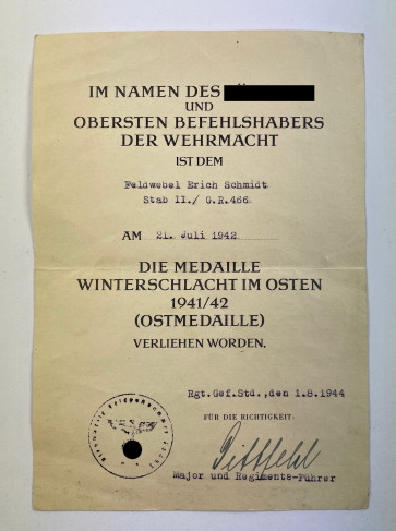 Urkunde Ostmedaille, Grenadier Regiment 466 - Militaria-Berlin