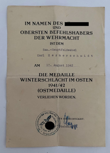Urkunde Ostmedaille Sanitäter - Militaria-Berlin