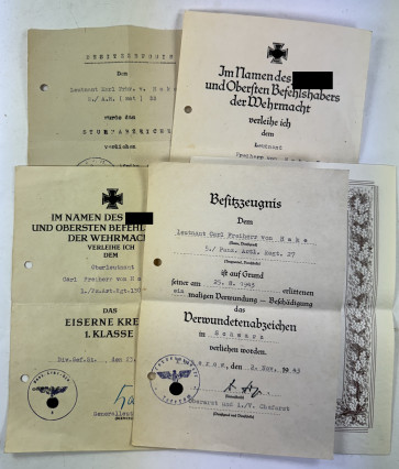 Urkunden Nachlass Freiherr von Hake Panzeraufklärungsabteilung 33, Afrika Normandie - Militaria-Berlin