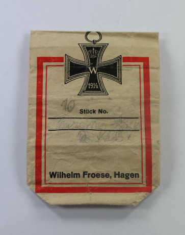 Verkaufstüte Eisernes Kreuz 2. Kasse 1914, Wilhelm Froese, Hagen - Militaria-Berlin