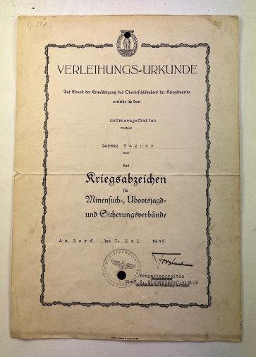 Verleihungs-Urkunde Kriegsabzeichen Minensuch-, U-Bootsjagd- und Sicherungsverbänden - Militaria-Berlin