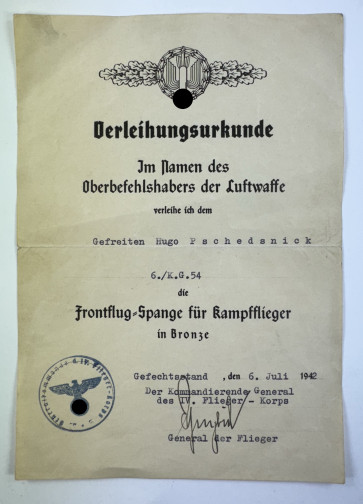 Verleihungsurkunde Frontflugspange für Kampfflieger in Bronze (K.G. 54) - Militaria-Berlin