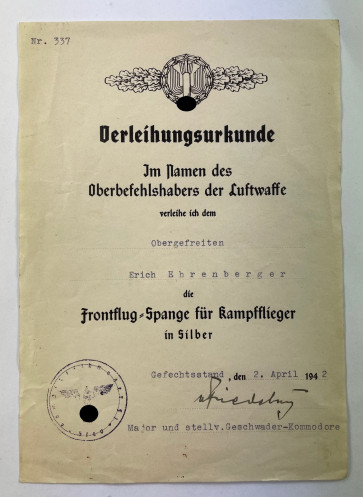 Verleihungsurkunde Frontflugspange für Kampfflieger in Silber - Militaria-Berlin