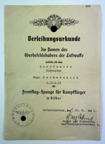Verleihungsurkunde Frontflugspange für Kampfflieger in Silber (K.G. 54) - Militaria-Berlin