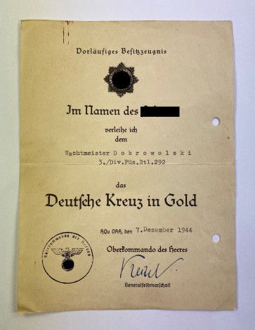 Vorläufiges Besitzzeugnis Deutsches Kreuz in Gold, Füsilier - Militaria-Berlin