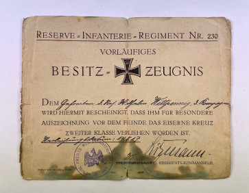 Vorläufiges Besitzzeugnis Eisernes Kreuz 2. Klasse 1914 - Militaria-Berlin