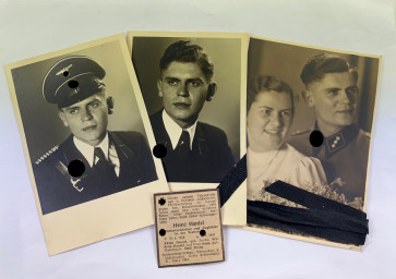 Waffen SS, 3 Portraitfoto + Traueranzeige - Militaria-Berlin
