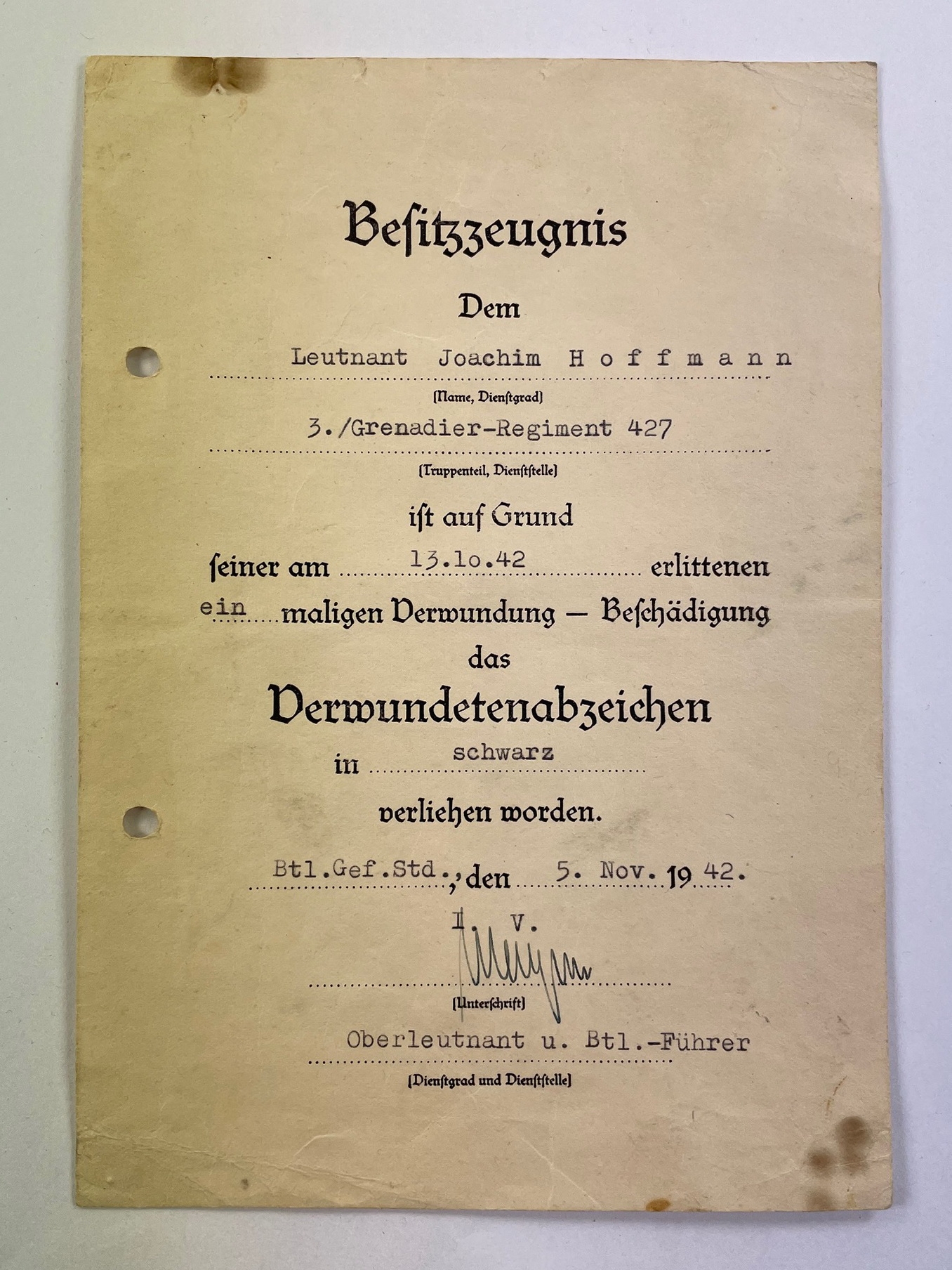 besitzzeugnis_verwundetenabzeichen_schwarz_grenadier Besitzzeugnis Verwundetenabzeichen Schwarz, Grenadier – Bild 1