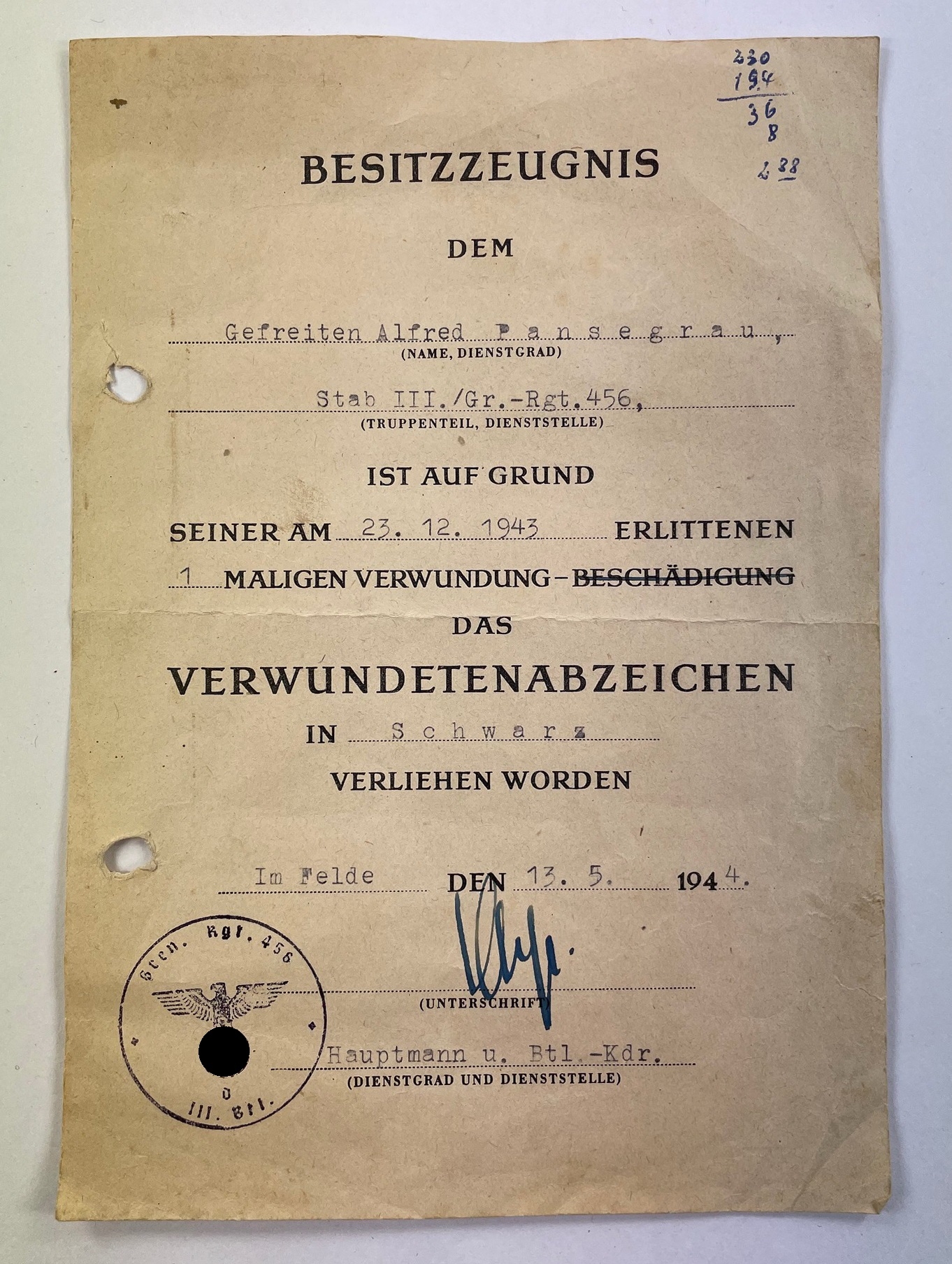 besitzzeugnis_verwundetenabzeichen_schwarz_grenadier_1_1 Besitzzeugnis Verwundetenabzeichen Schwarz, Grenadier – Bild 1