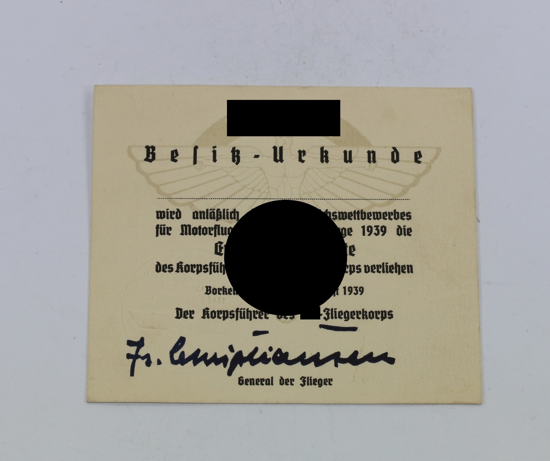 Nationalsozialistisches Fliegerkorps (NSFK), Besitz-Urkunde 11. Reichswettbewerb 1939  Erinnerungsplakette – Bild 1