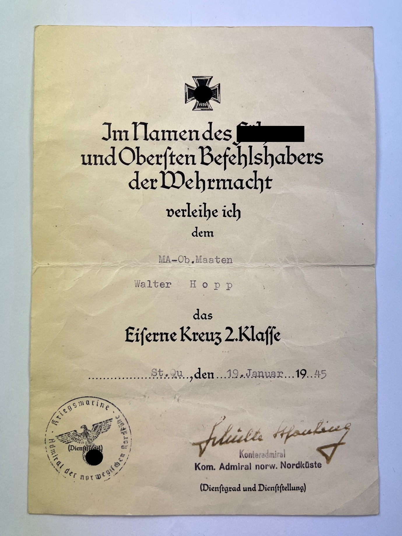 Urkunde Eisernes Kreuz 2. Klasse 1939, Kriegsmarine Maschinen-Ober Maaten – Bild 1