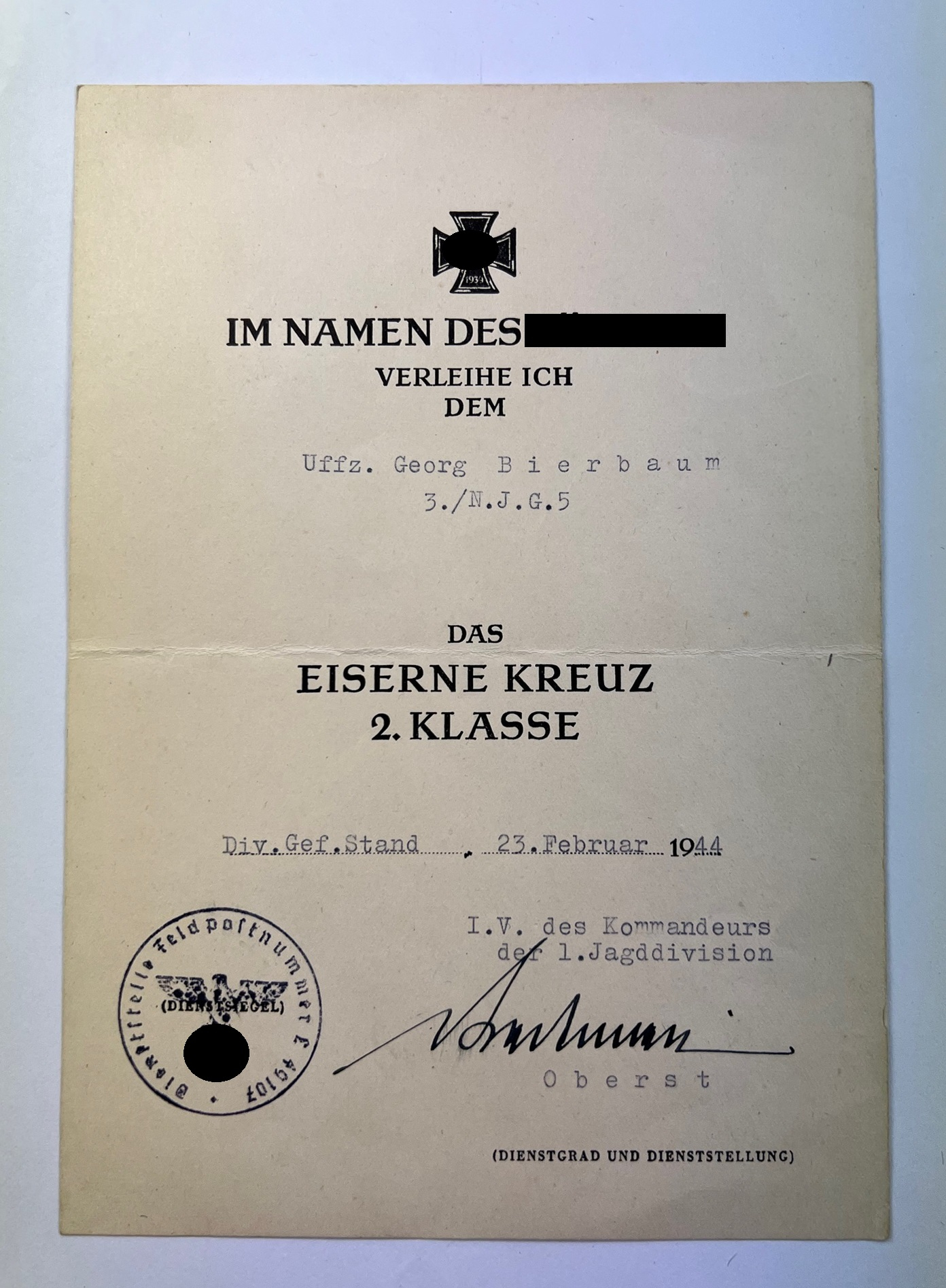 Urkunde Eisernes Kreuz 2. Klasse 1939, Nachtjagd Geschwader 5 (N.J.G.5) – Bild 1