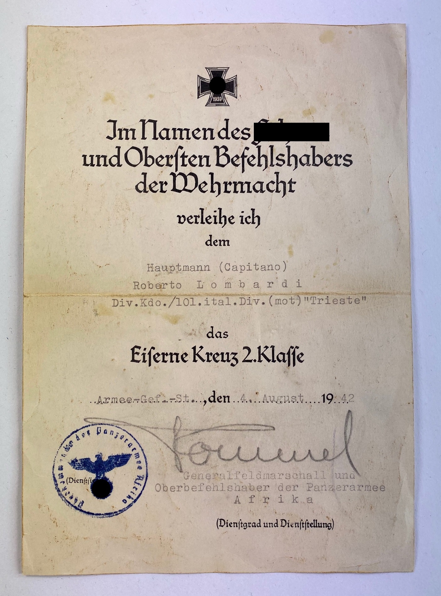 Urkunde Eisernes Kreuz 2. Klasse, für einen italenischen Hauptmann, mit original Unterschrift GFM Rommel (Afrika) – Bild 1