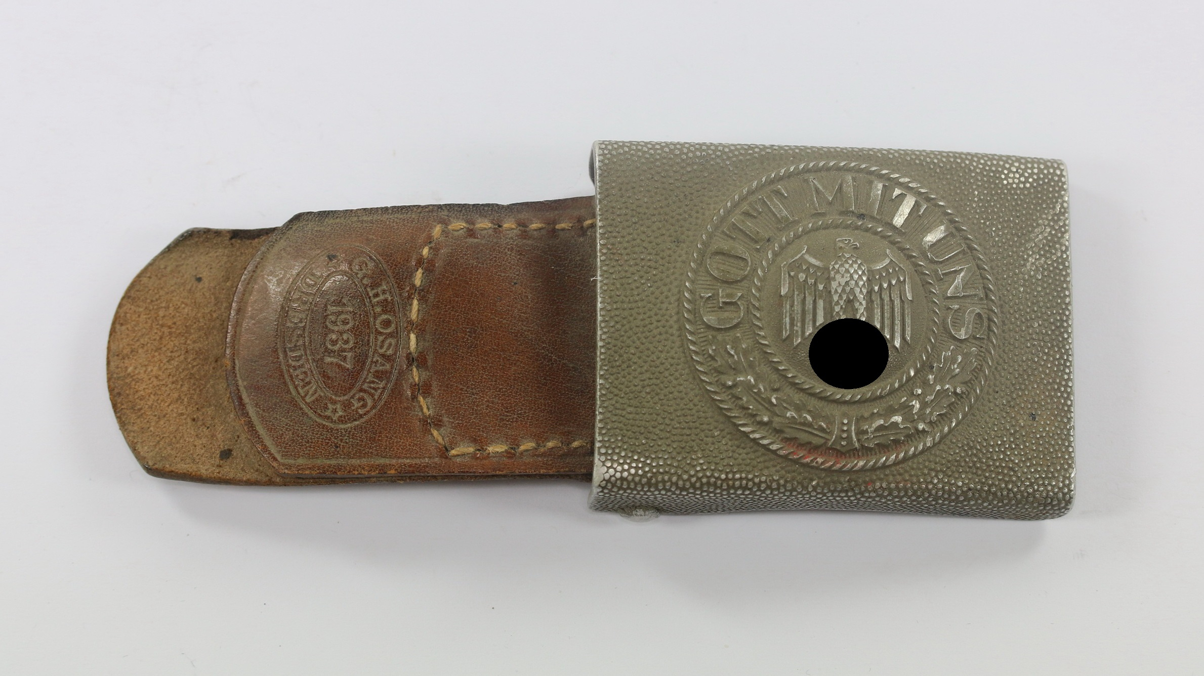  Wehrmacht Heer, Koppelschloss mit Lederlasche für Mannschaften, Hst. G.H. Osang Dresden 1937 (Aluminium) – Bild 1