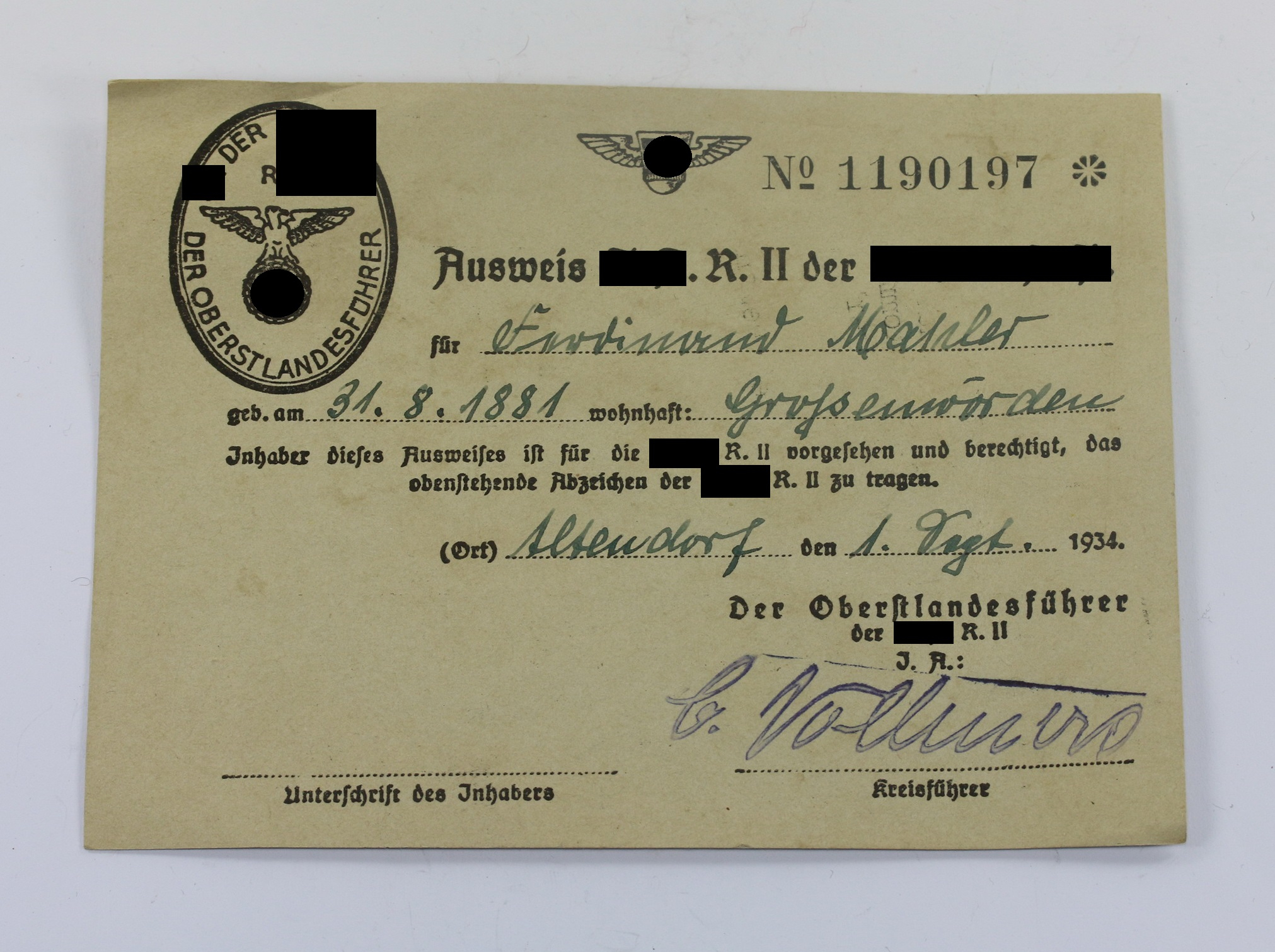 Ausweis S.A.R. II der N.S.D.A.P. (SA Reserve II der NSDAP) – Bild 1