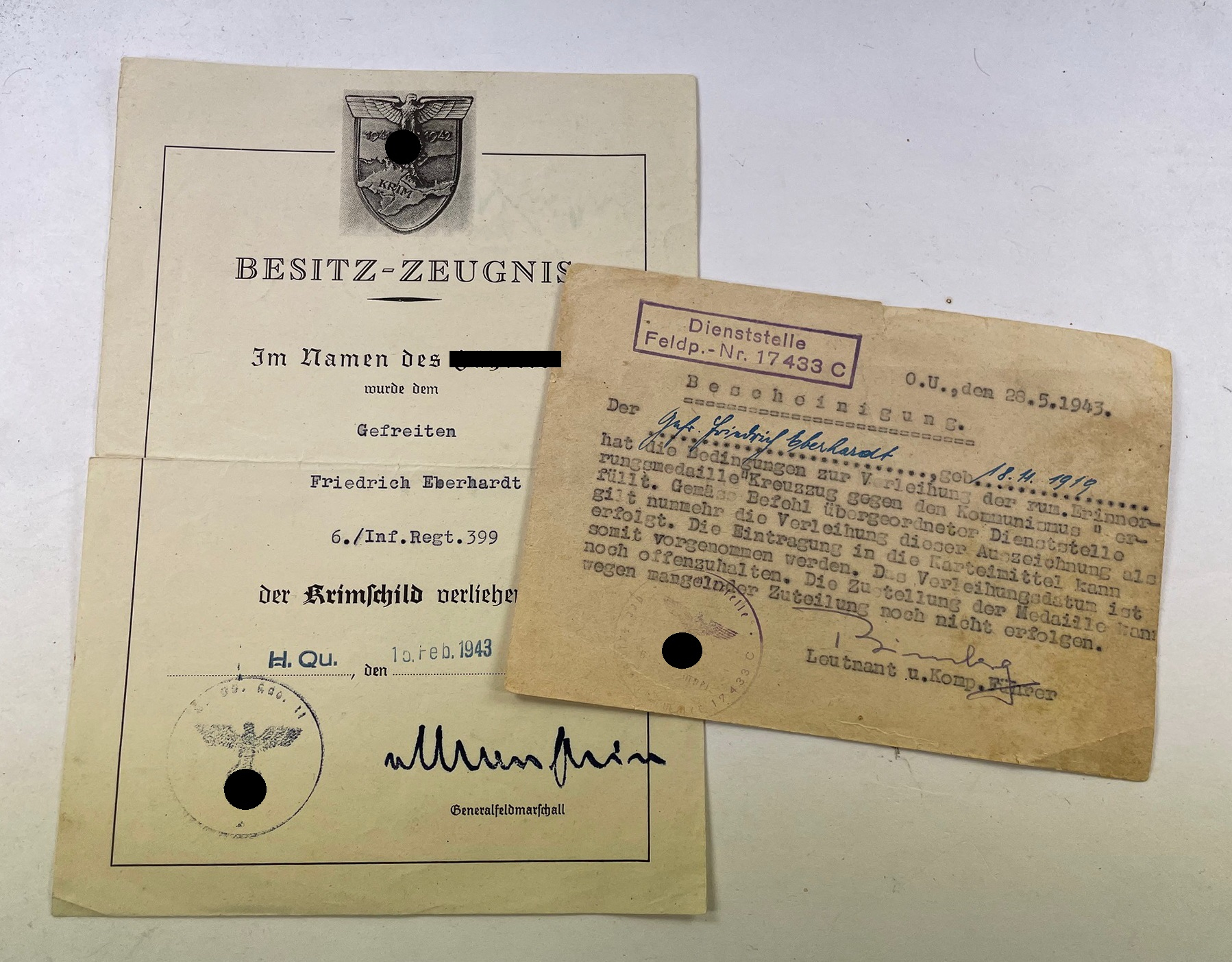 Besitz-Zeugnis Krimschild und Medaille Kreuzzug gegen den Kommunismus, Infanterie Regiment 399 – Bild 1