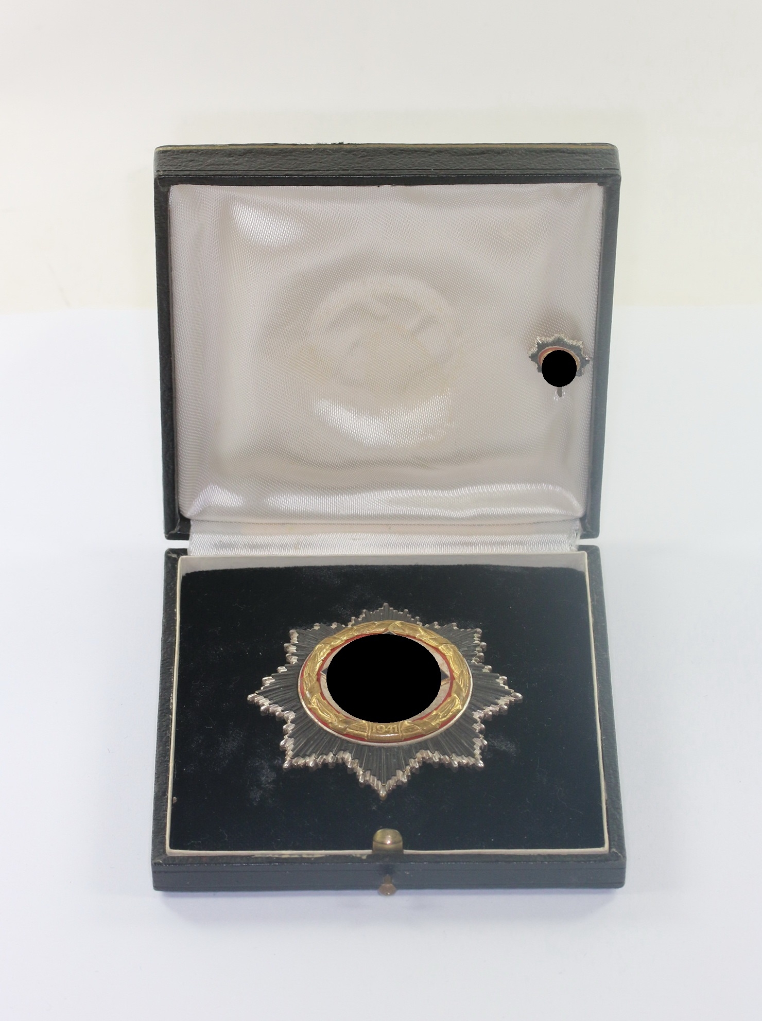  Deutsches Kreuz in Gold, Hst. 21 (schwer), im frühen Etui + 16 mm Miniatur, Hst. L/57 – Bild 1