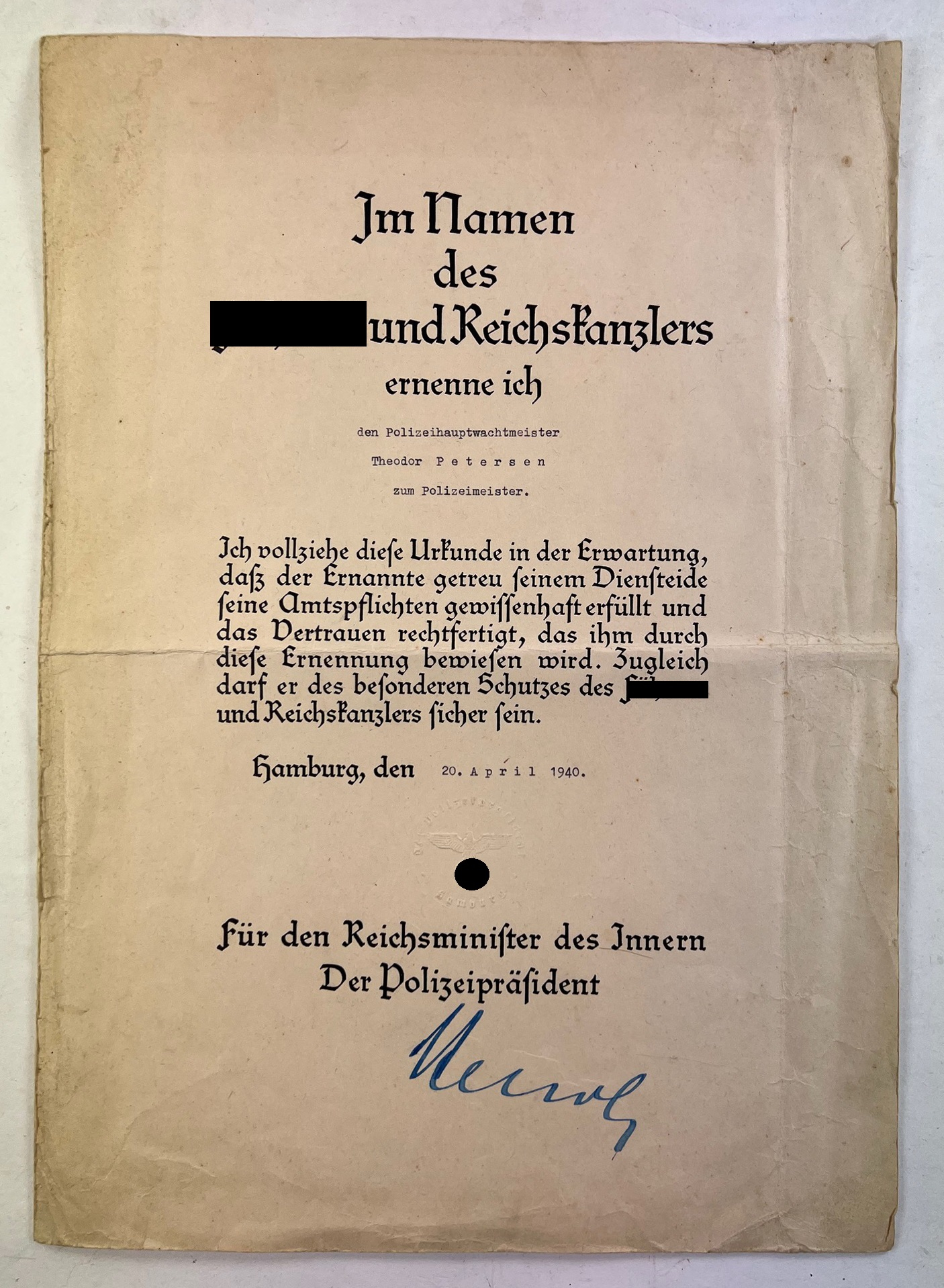 ernnenungsurkunde_polizei_unterschrift_ssbrigadf_hrer_hans_julius_kehrl_1 Ernnenungsurkunde Polizei, Unterschrift SS-Brigadführer Hans Julius Kehrl – Bild 1